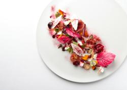 A dish from Chef Uwe Opocensky at the Mandarin Oriental Hotel in Hong Kong, featuring Beet Blush, one of the new Bold Ingredients from The Chef Garden.